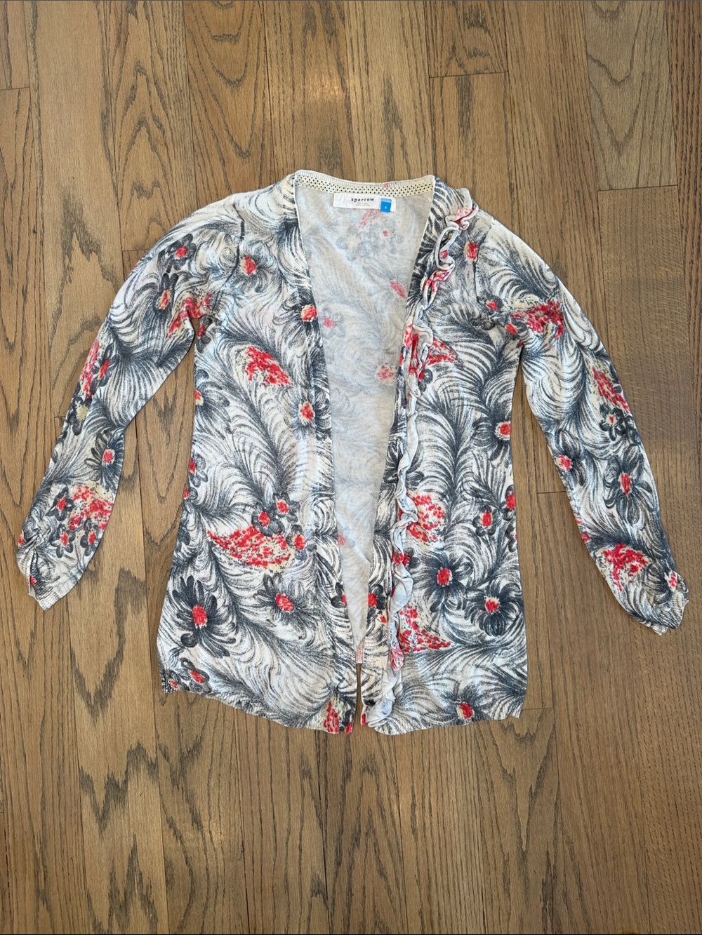 Anthropologie Sparrow Women’s Chic Lightweight Floral Ruffle Trim Cardigan Sz S